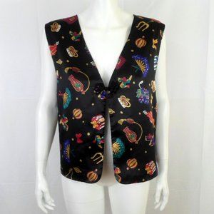 Vintage Diane Von Furstenberg Black AOP Satin Vest 2X The Color Authority